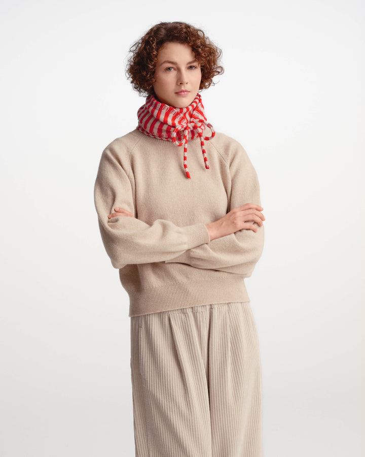 JG Striped Scarf with Ties Poppy/Oatmeal