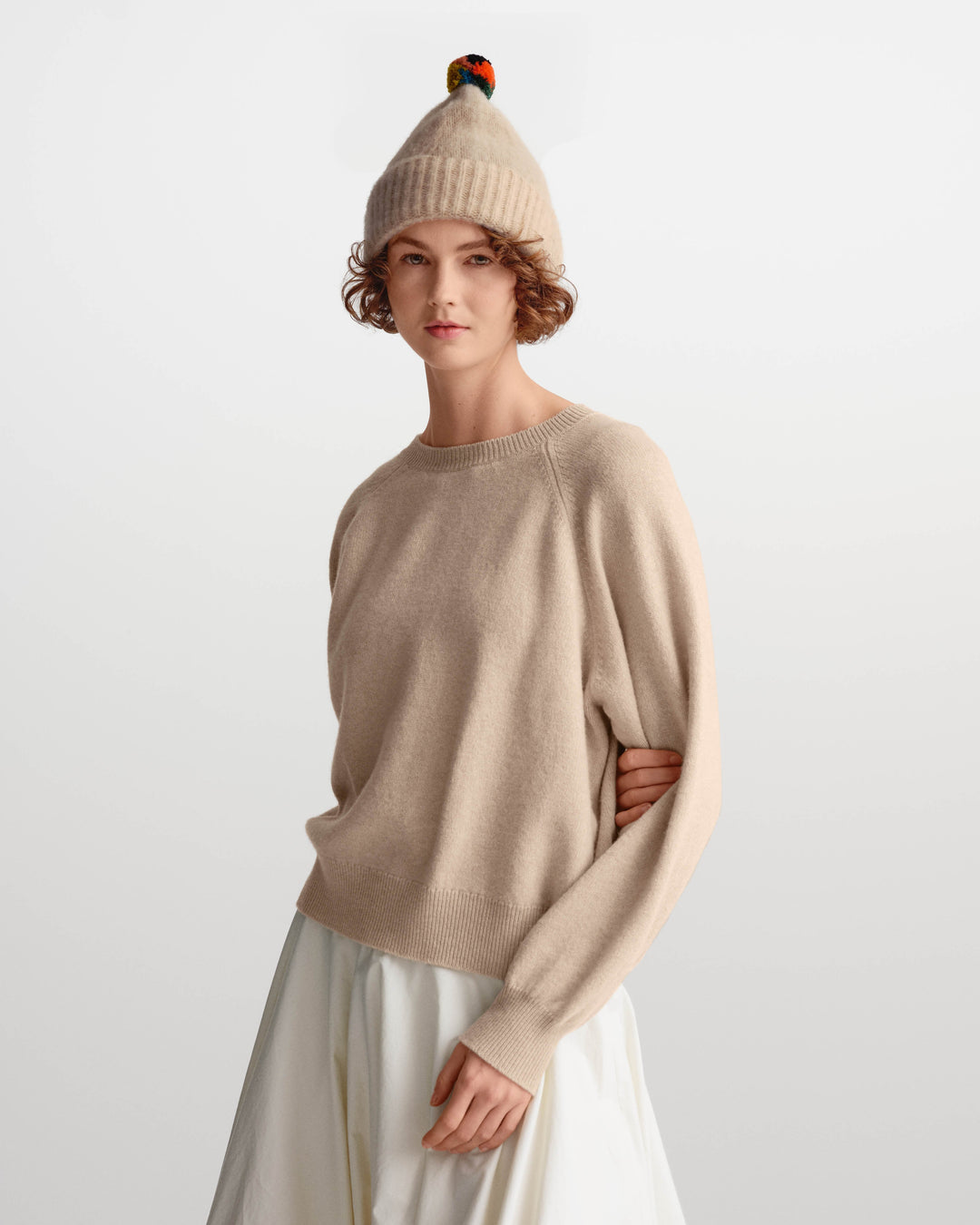 JG Brushed Plain Hat Stripe Pompom Oatmeal