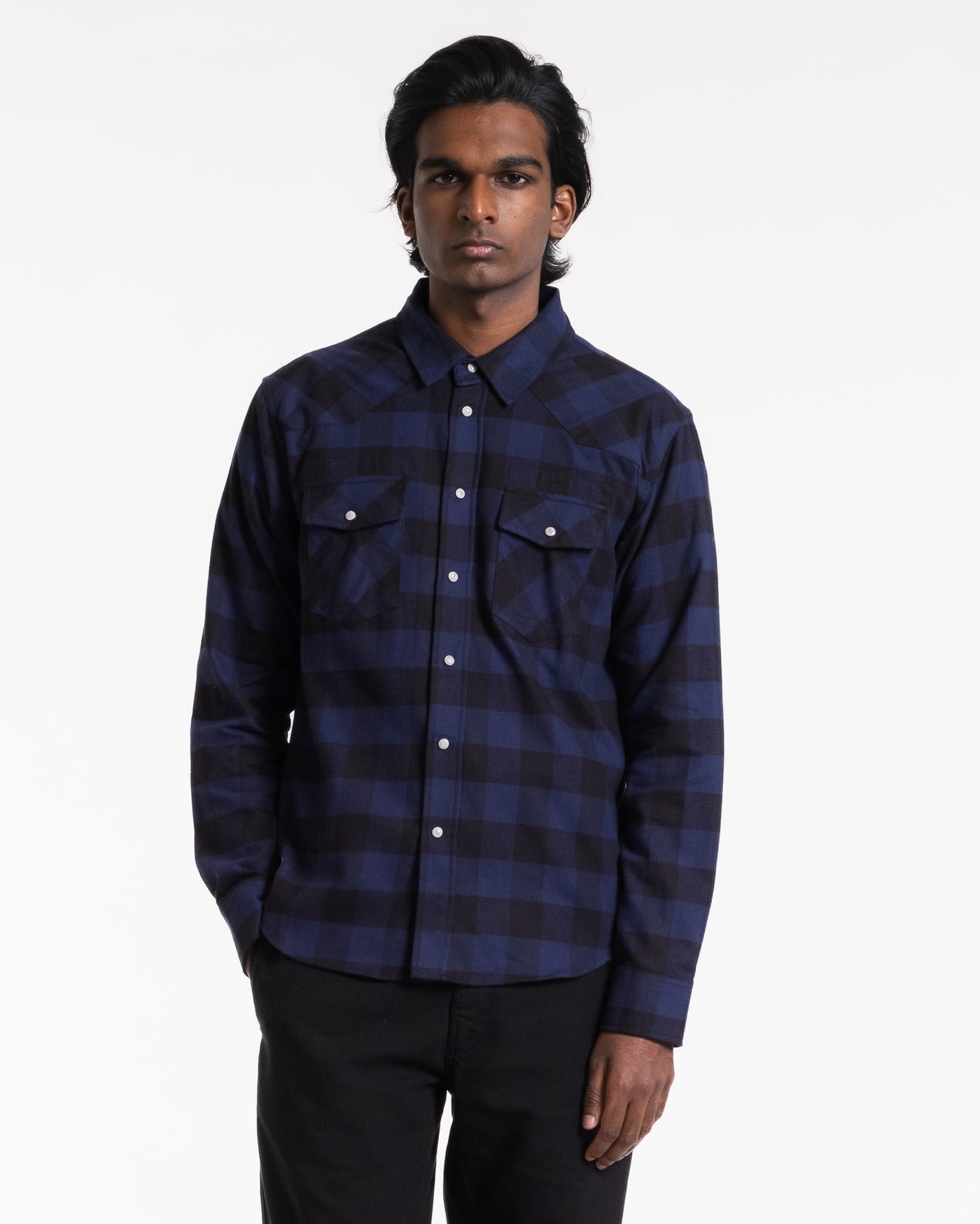 Western Shirt Check Twill Brushed Blue/Black