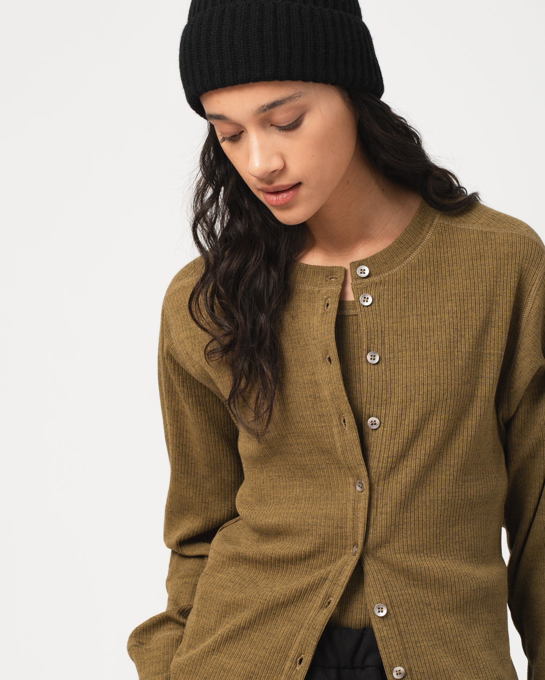 G.o.D Button Down Top Military Rib Jersey Olive