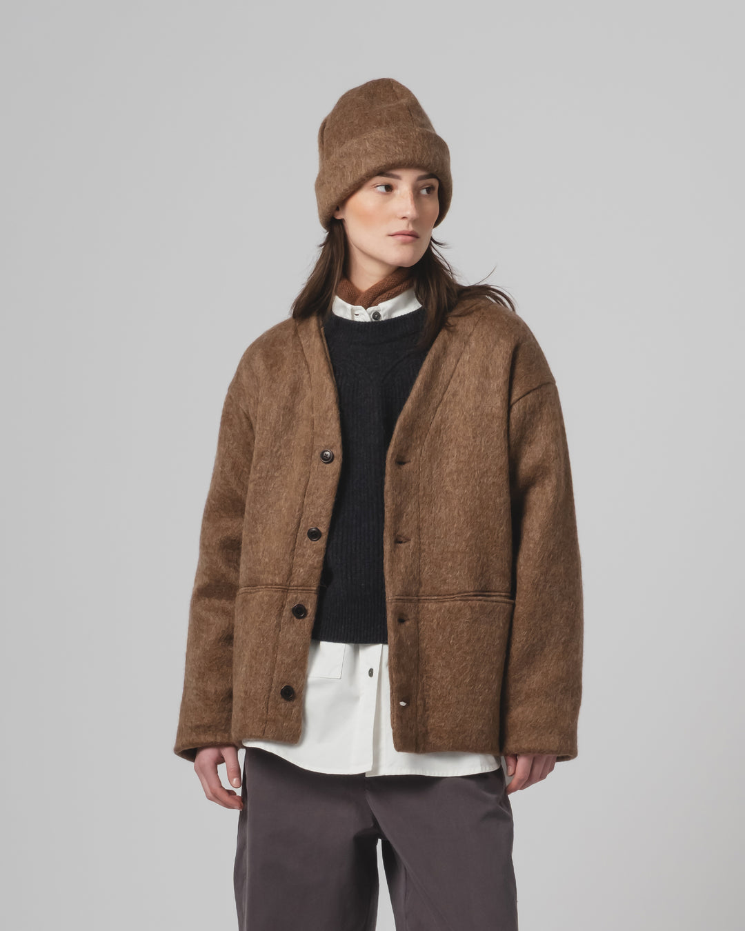 Basic Cardigan Mohair Fleece Java Brown