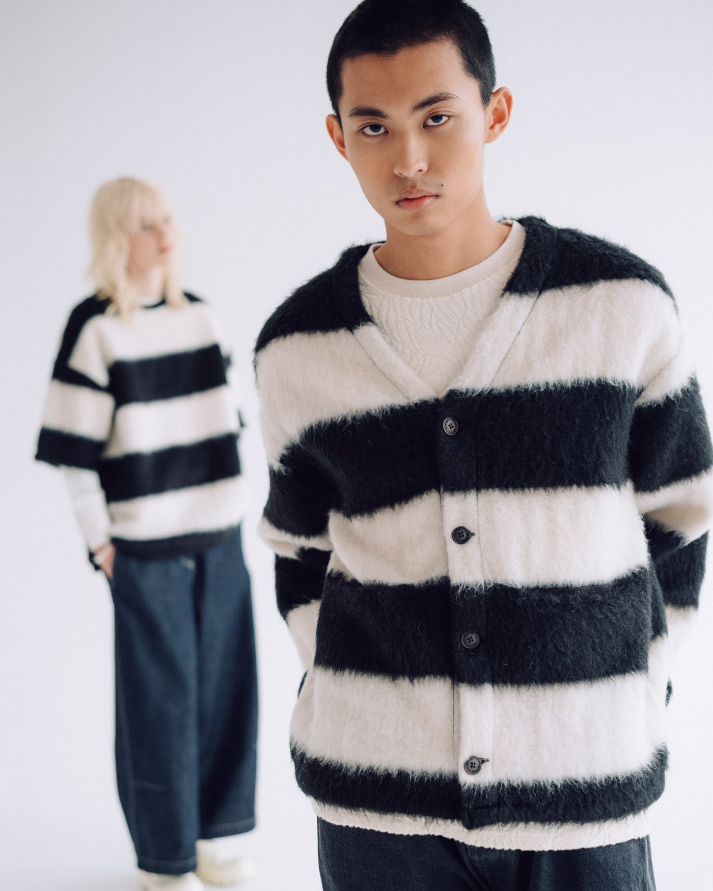 Basic Cardigan Mohair Stripes Black / White