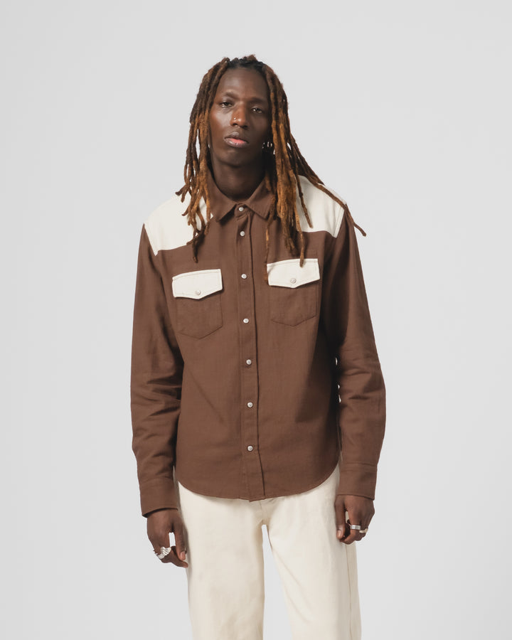 Western Shirt Slub Cotton Java Brown/White