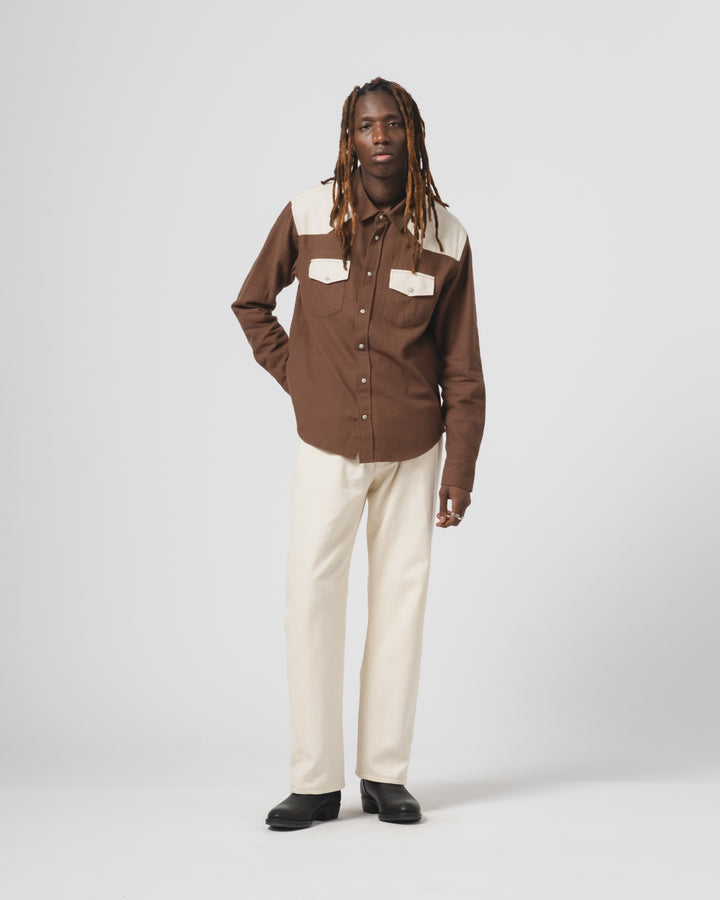Western Shirt Slub Cotton Java Brown/White