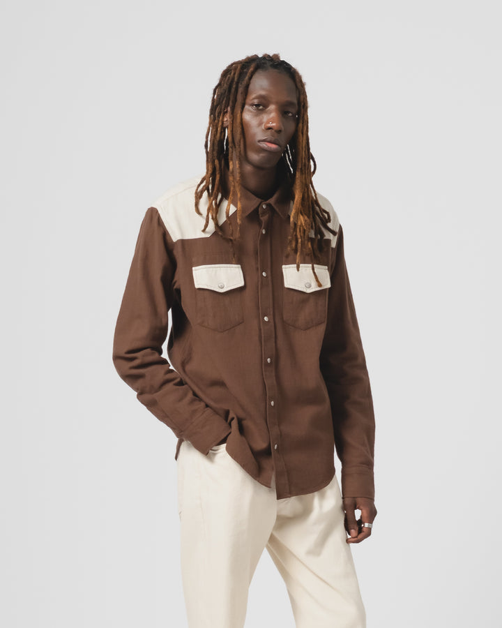 Western Shirt Slub Cotton Java Brown/White