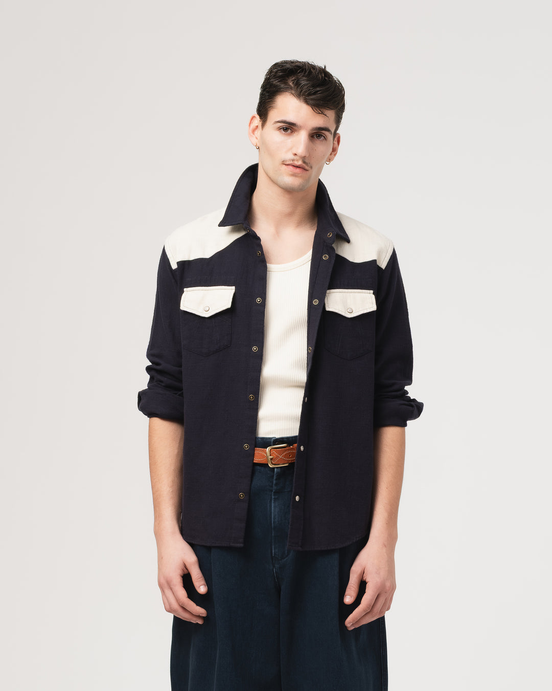 Western Shirt Slub Cotton Navy/Offwhite