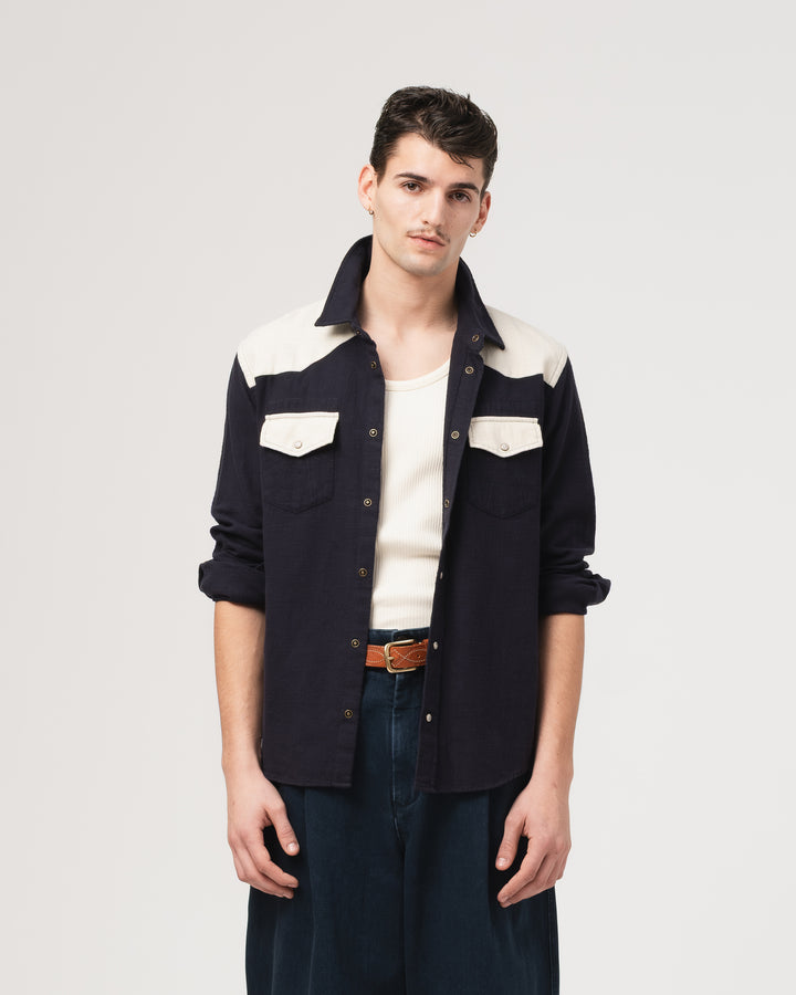 Western Shirt Slub Cotton Navy/Offwhite