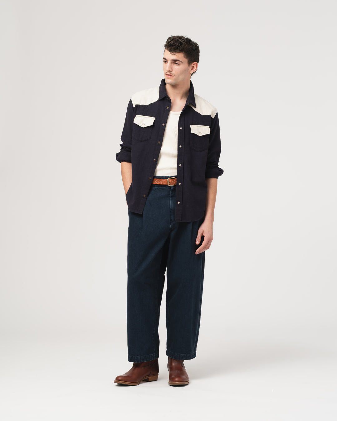 Western Shirt Slub Cotton Navy/Offwhite