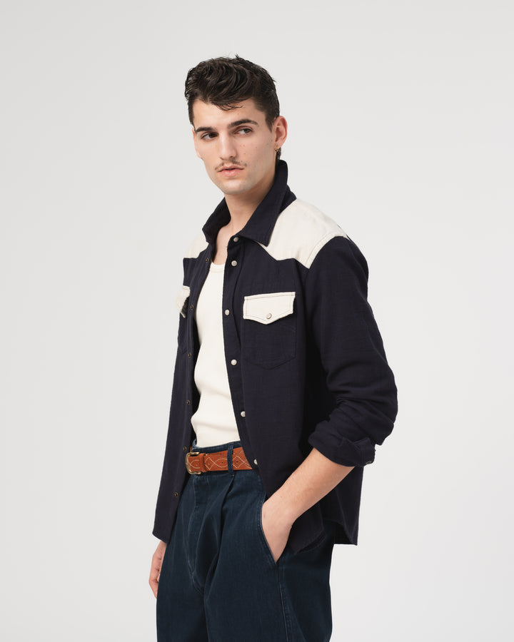 Western Shirt Slub Cotton Navy/Offwhite