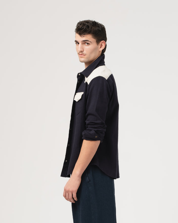 Western Shirt Slub Cotton Navy/Offwhite